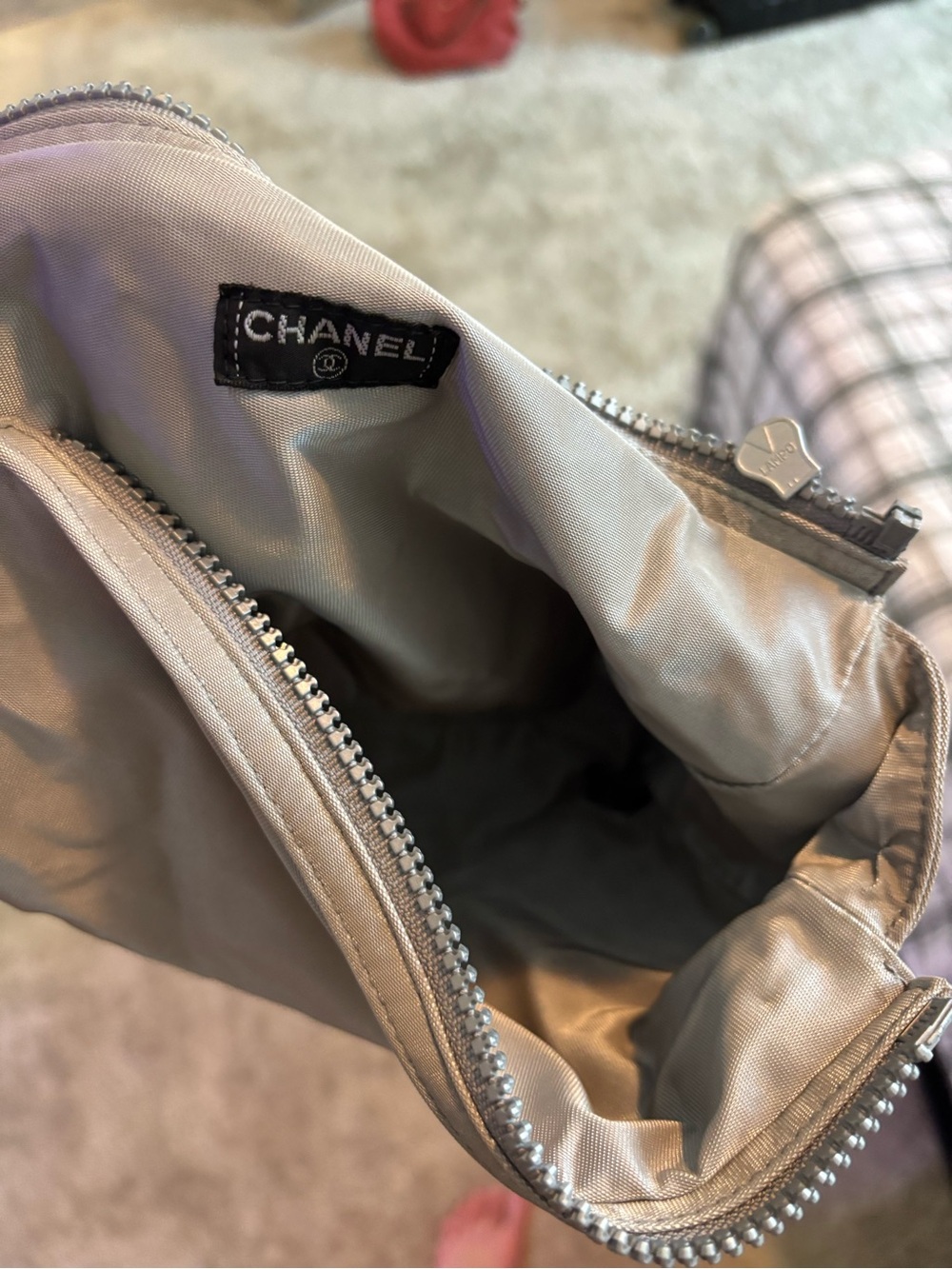 CHANEL Silver Nylon Zip Cosmetic Pouch